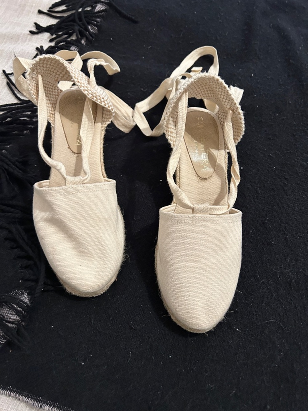 Vaneli Cream Canvas Espadrille Tie-Wrap Sandals